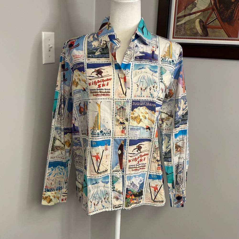 Vilagallo Vintage Ski Poster Stamp Print Button Down Shirt Sz 40 St Moritz